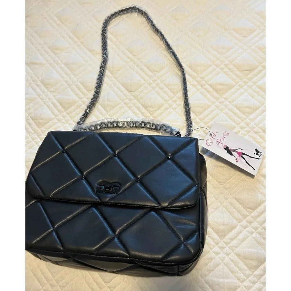 New Gilda Paris Black Vegan Leather Quilted Purse Handbag Shoulder $140
